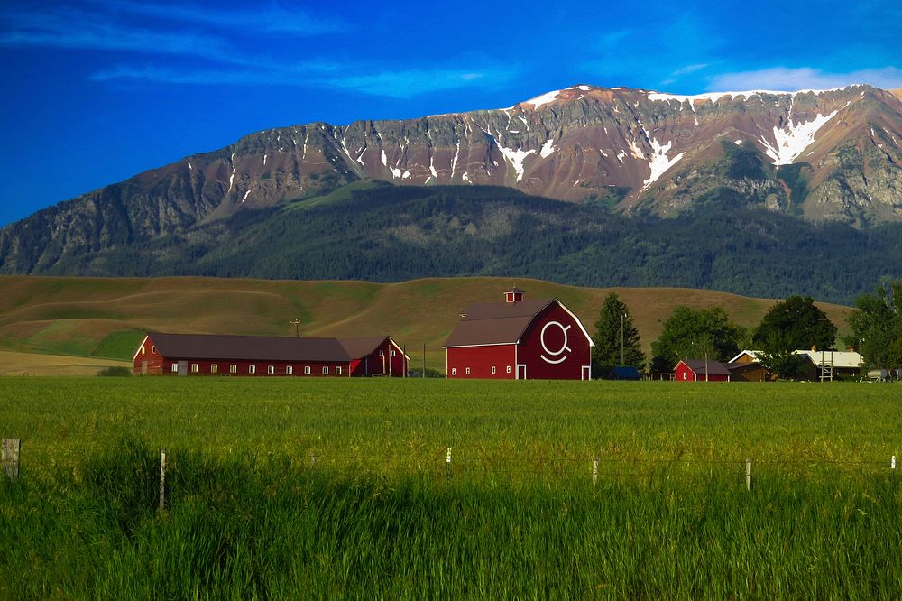 Red Barn with Eagle Cap Wilderness in Background, Wallowa Whitman National ForestEnterprise and Joseph Oregon Scenery in the…