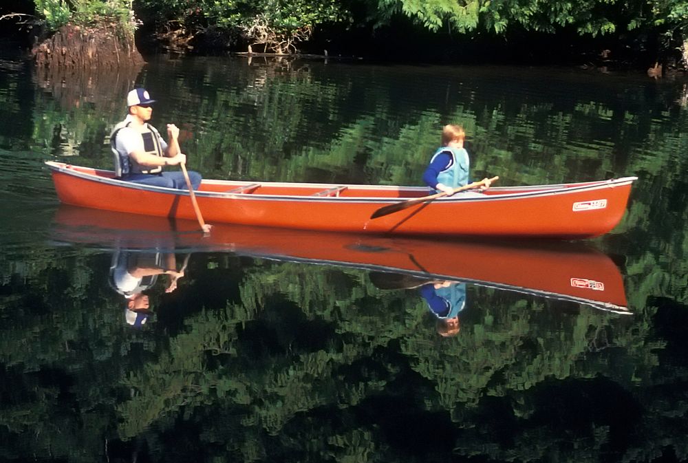Family Canoeing at Hall Lake, Siuslaw National ForestFather and Son Canoeing at Hall Lake in the Oregon Dunes National…