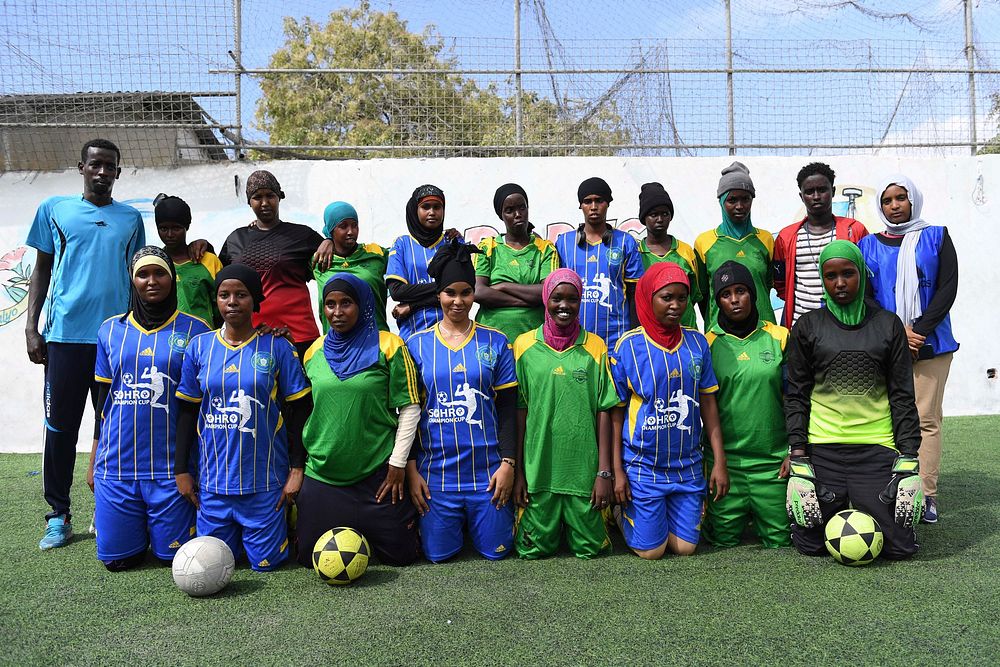 Golden Girls Football Club players in a group photo after a training session in Mogadishu, Somalia on February 18, 2017.