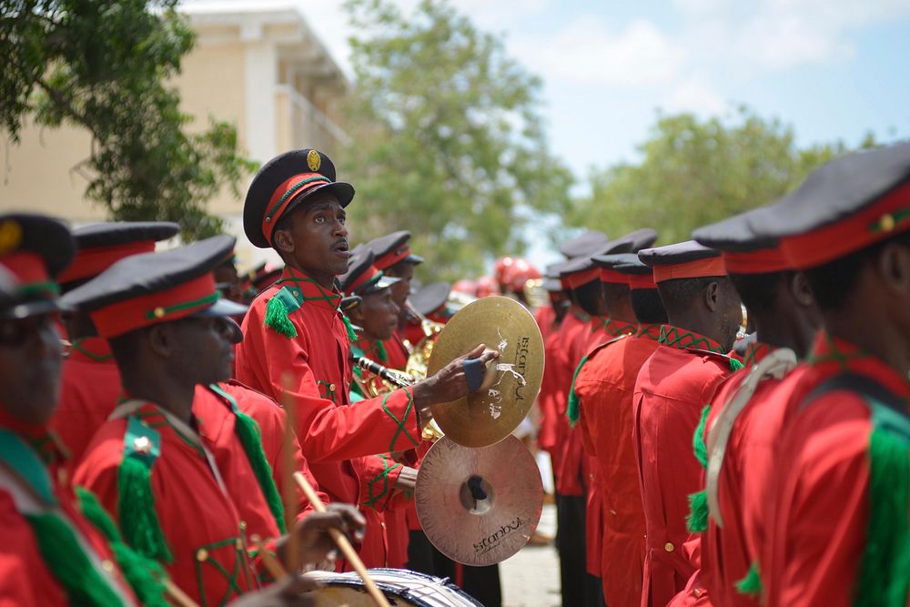 A military band plays during a parade at the Somali Armed Forces Headquarters to celebrate the army's 56th anniversary in…