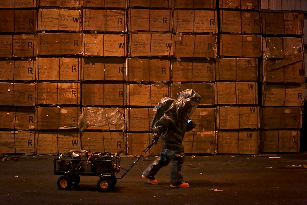 U.S. Army Sgt. Nick Lam, from the New Jersey Army National Guard's 21st Civil Support Team, pulls detection gear through a…