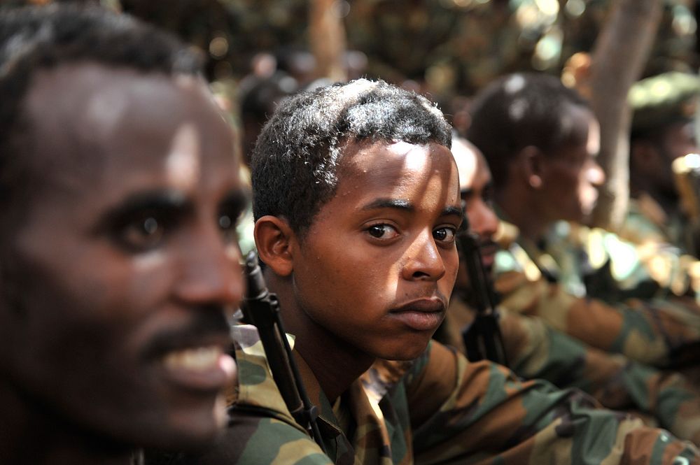 Ethiopian soldiers serving under the African Union Mission in Somalia (AMISOM) listen to a speech by the the AMISOM Acting…