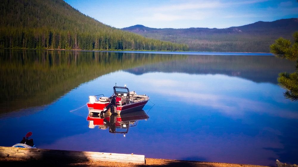View of Fishing Boat at Cultus Lake on the Deschutes National Forest in Central Oregon. Original public domain image from…
