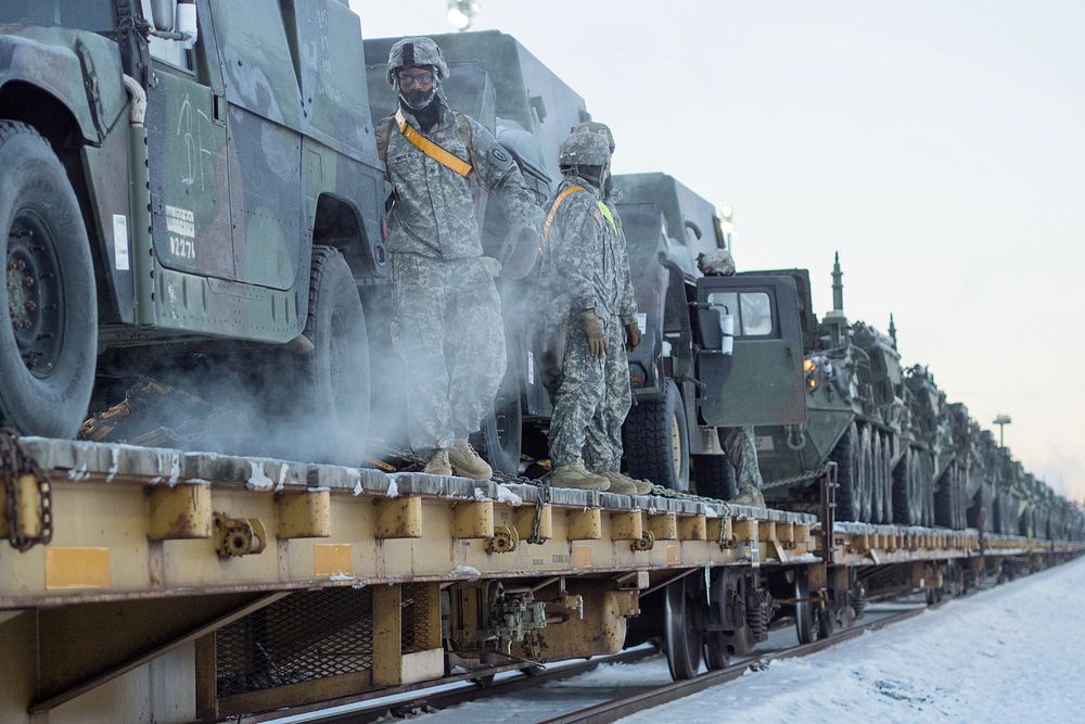 Soldiers assigned to the 1st Stryker Brigade Combat Team, 25th Infantry Division, U.S. Army Alaska, perform railhead…