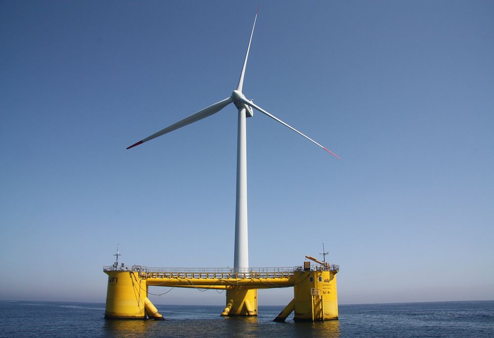 Windfloat floating offshore foundation and vestas v-80 2mw offshore wind turbine in Povoa de Varzim, Portugal. Original…