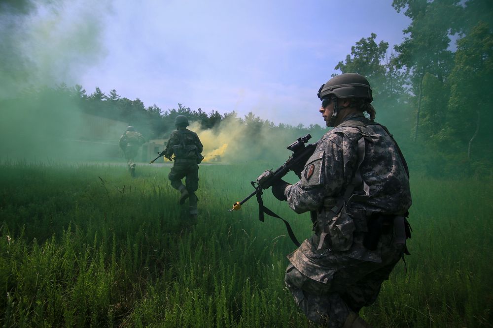 U.S. Army National Guard Soldiers from New Jersey's C Troop, 1st Squadron, 102nd Cavalry Regiment move tactically to an…