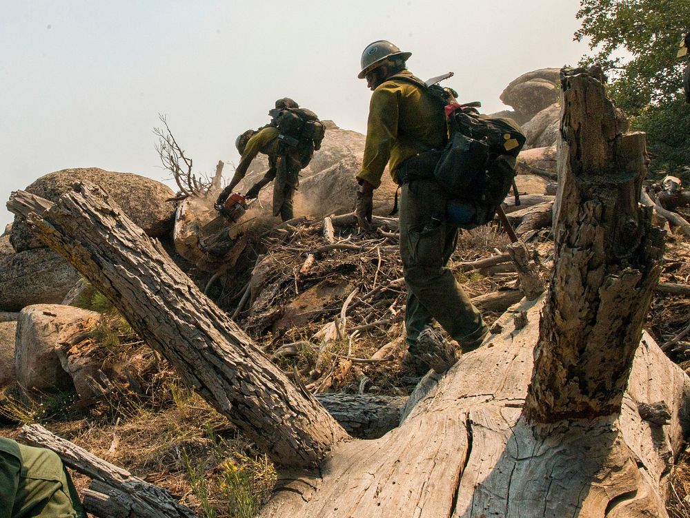 U.S. Department of Agriculture (USDA) Forest Service (FS) Smith River Hotshots Lead Saw Shane Blair mitigating fire and…