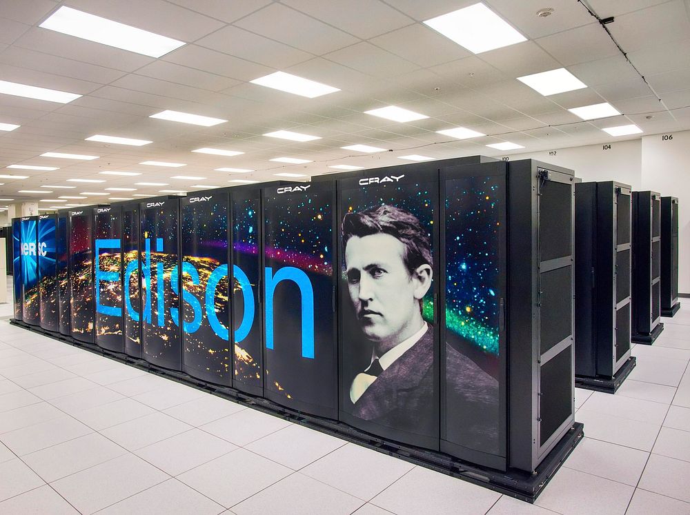Nersc Cray Edison supercomputer cluster at the oakland scientific facility. Edison is a Cray XC30 with peak performance of…