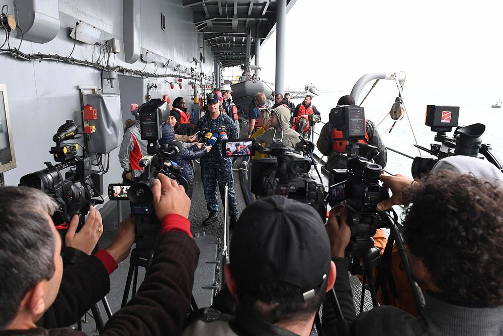 BATUMI, Georgia (Oct. 14, 2016) Lt. j.g. Jon Davis is interviewed by the Georgian press aboard the U.S. 6th Fleet command…