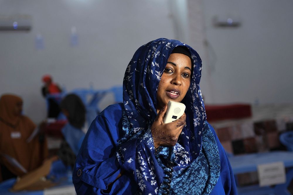 Sahra Yusuf Ege, the winner of a seat in the House of the People for Somaliland, gives a victory speech to delegates during…