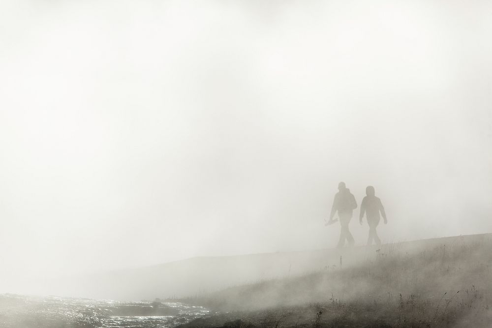 Hikers on the Boardwalk Through the Steam at Grand Prismatic Spring Jacob W. Frank. Original public domain image from Flickr