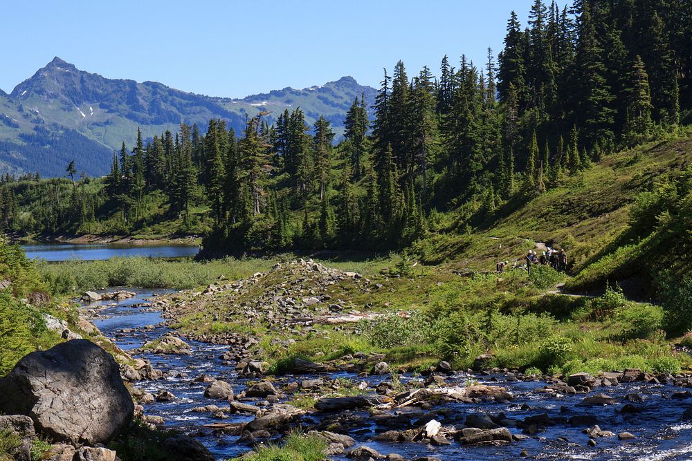 Volunteer Work Crew walking at Heather Lake, Mt Baker Snoqualmie National Forest. Original public domain image from Flickr