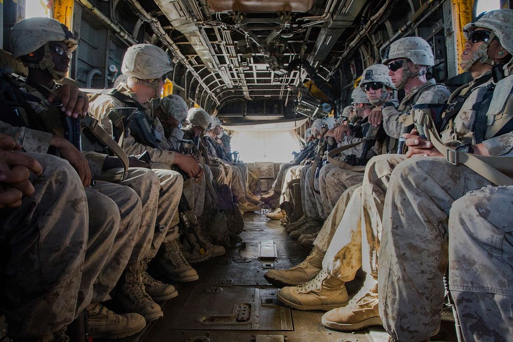 U.S. Marines with the 2nd Battalion, 6th Marine Regiment are transported by a CH-53E Super Stallion helicopter assigned to…