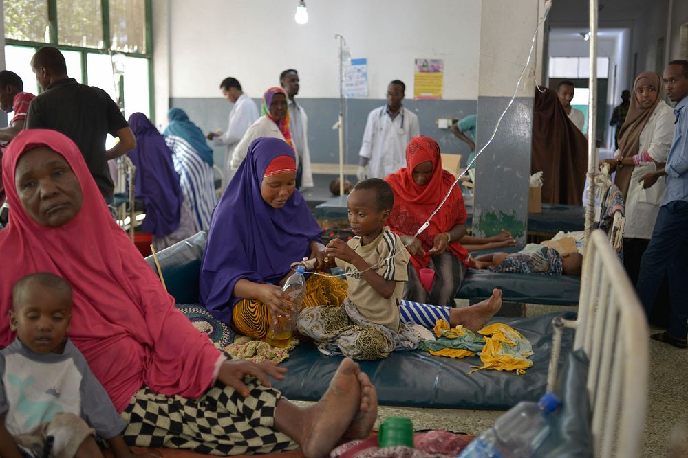 Malnourished children, many of them suffering from diarrhea, lie on beds in Banadir hospital in Mogadishu, Somalia, while…
