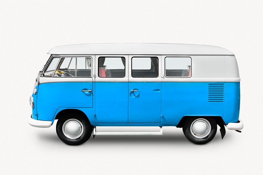 Blue vintage van, vehicle isolated image on white background