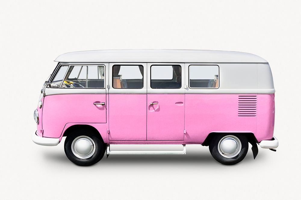 Pink vintage van, vehicle isolated image on white background