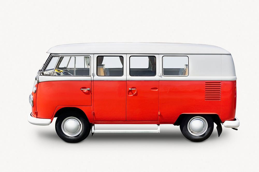 Red vintage van, vehicle isolated image on white background