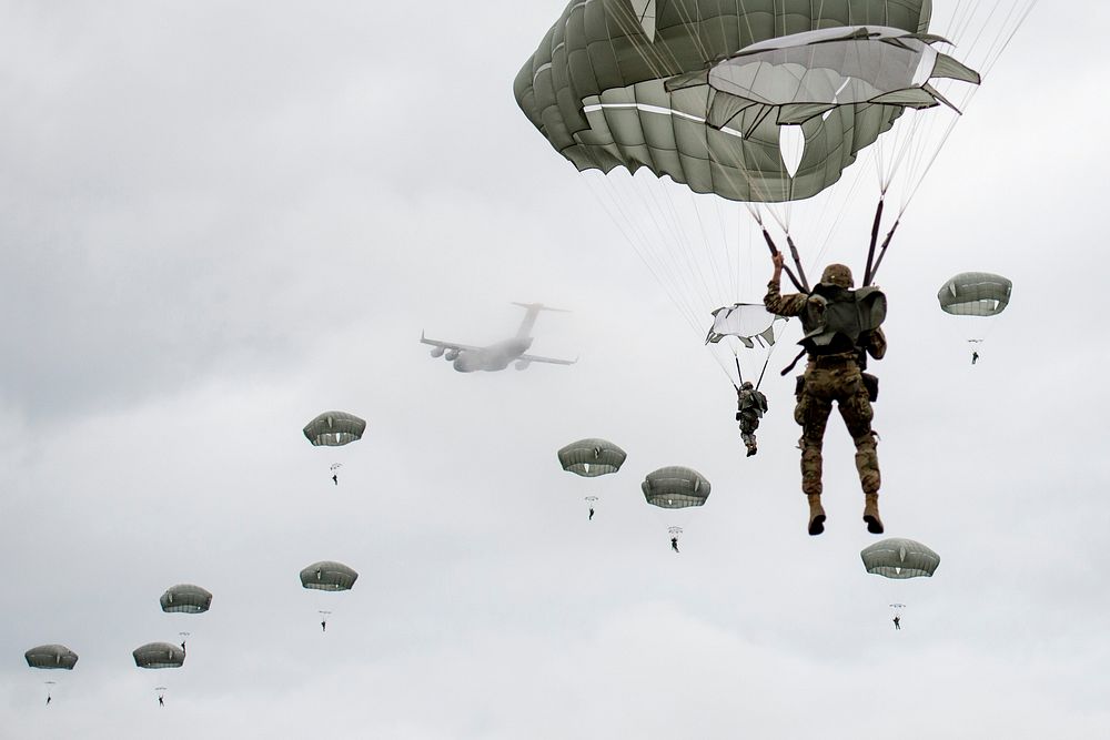 Paratroopers conduct airborne jump training. Original public domain image from Flickr