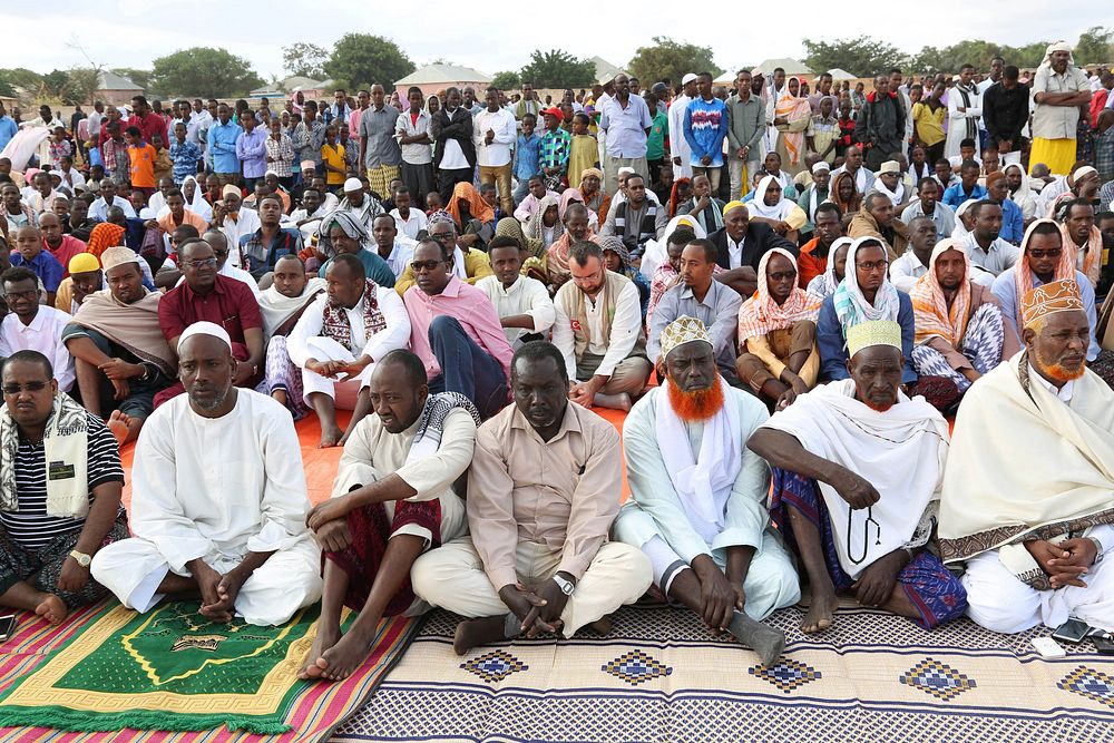 Residents of Baidoa sit at Dr. Ayuub Stadium ready for Eidul Adha prayer in Baidoa, Somalia on September 01, 2017. AMISOM…
