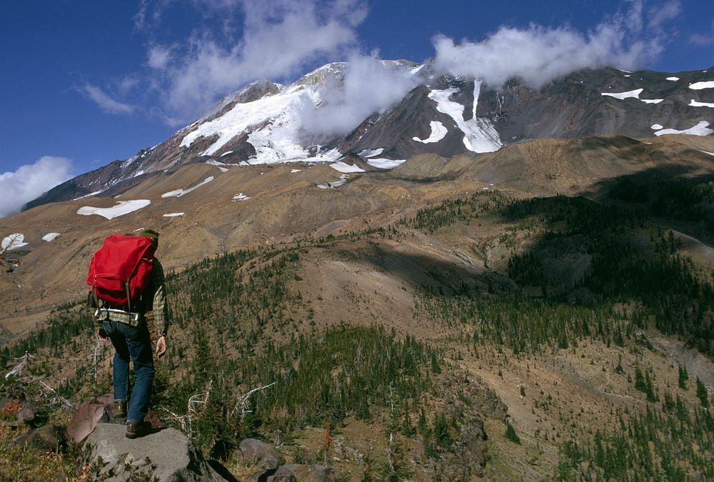 Hiker viewing Mt Adams Gifford Pinchot National Forest. Original public domain image from Flickr