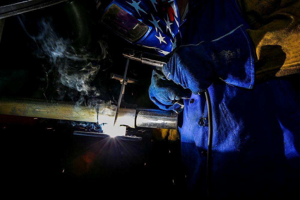 New Jersey Army National Guard Spc. Timothy Gallagher performs a weld during the Allied Trade Specialist Course at the New…