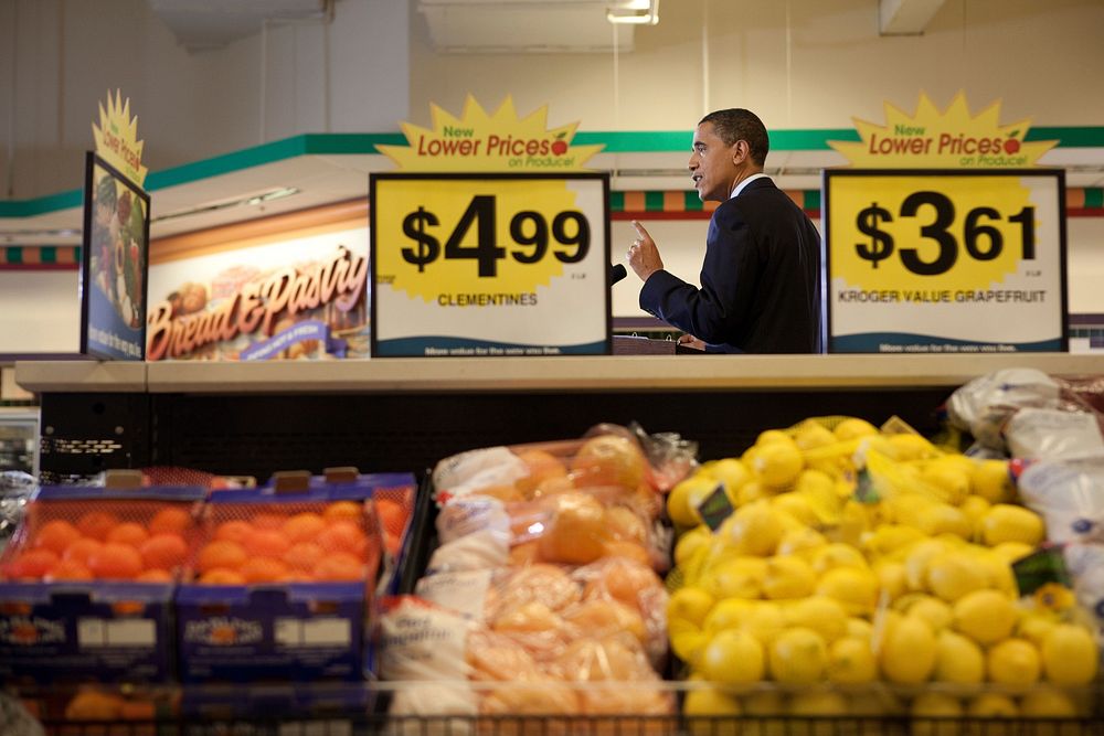 President Barack Obama speaks at a town hall meeting in a Kroger's Supermarket in Bristol, Va. on July 29, 2009.