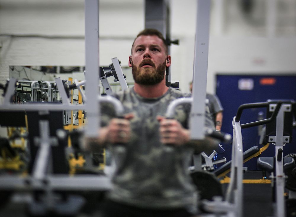 Cpl. Rory Hamill, a combat-wounded Marine, works out in the base gym on Joint Base McGuire-Dix-Lakehurst, N.J., Dec. 4, 2017.
