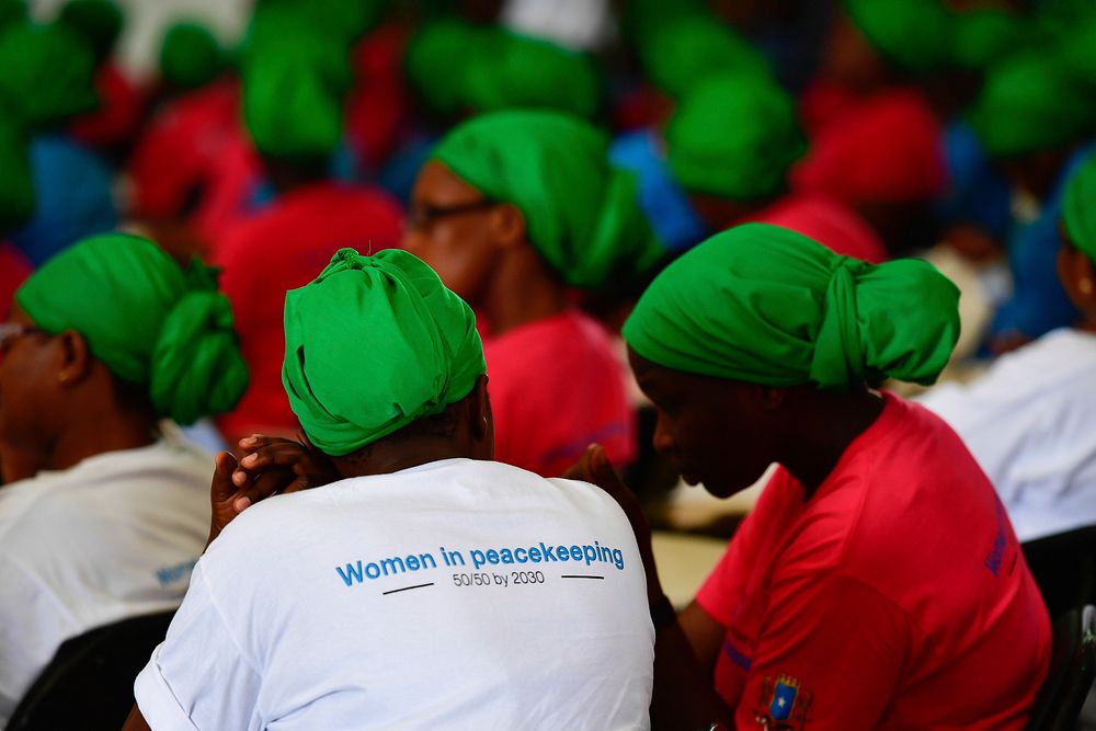 Female Peacekeepers of the African Union Mission in Somalia (AMISOM) attend a ceremony to mark International Women's Day…