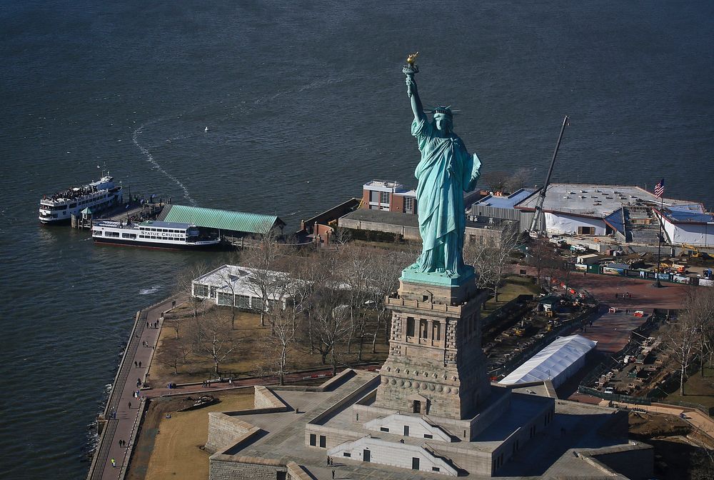 An aerial view of the Statue of Liberty, on Liberty Island in New York Harbor, as seen from a New Jersey National Guard UH…