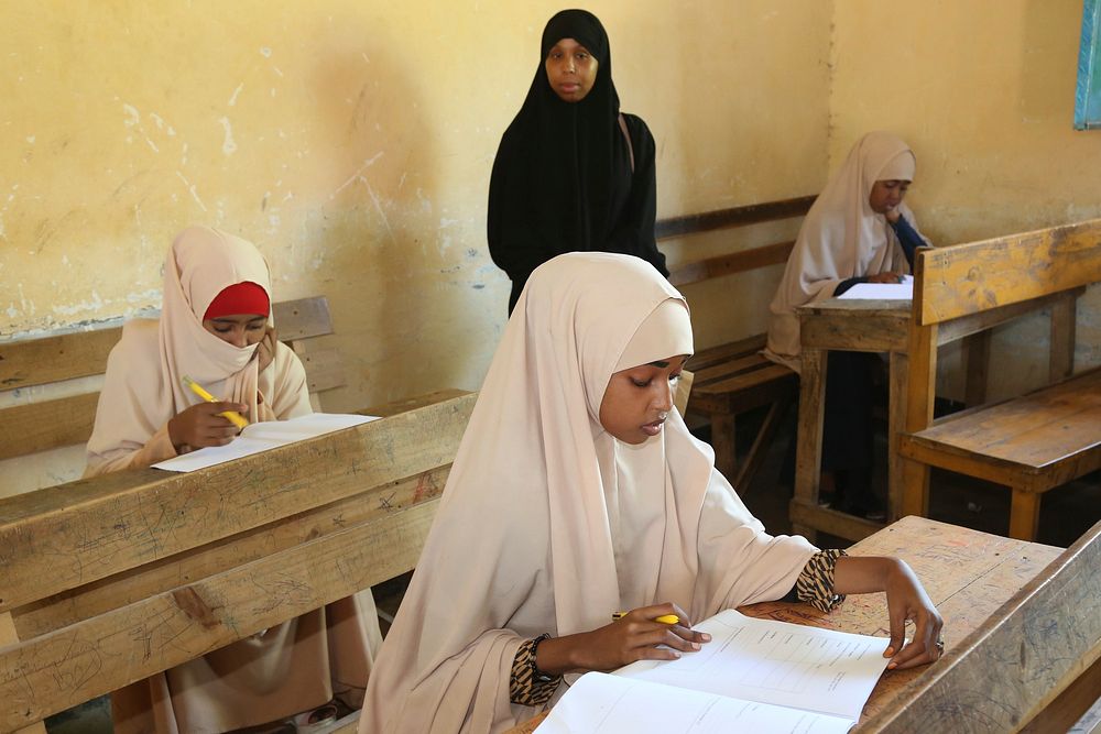 Secondary students take the national examinations in Kismaayo, Somalia, on 22 May 2018. Over 27,000 secondary school…