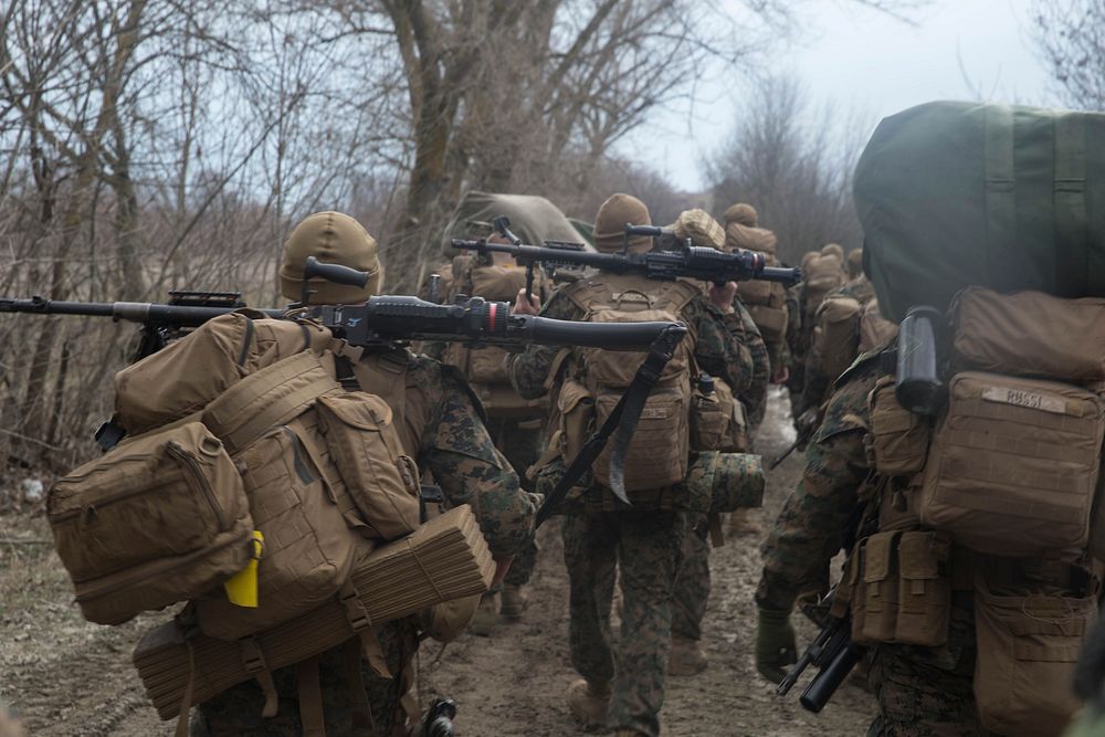 CAPU MIDIA TRAINING AREA, Romania (March 9, 2018) Marines assigned to Fox Company, Battalion Landing Team, 2nd Battalion…