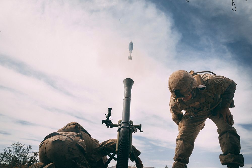 U.S. Marines with 3rd Battalion, 2nd Marine Regiment, 2nd Marine Division fire an 81mm mortar system at Range 630 during…