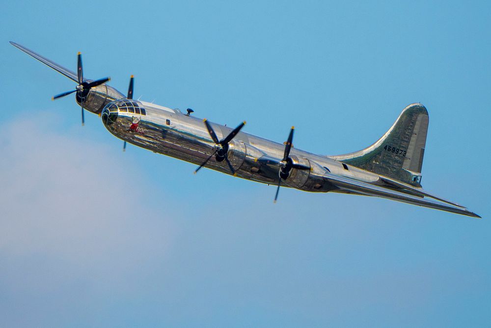 A B-29 Boeing Superfortress Doc flies overhead at the EAA AirVenture Oshkosh, Wisconsin.USDA Photo by Preston Keres.…