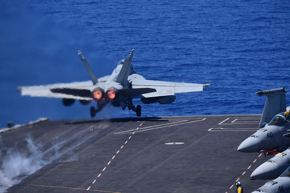 MEDITERRANEAN SEA. An F/A-18F Super Hornet, assigned to the “Fighting Checkmates” of Strike Fighter Squadron (VFA) 211…