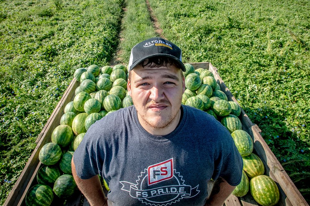 Krueger Farm's Bo Bo Zoller helps collect freshly picked watermelons in the field outside of Letts, Iowa.