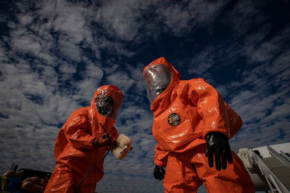 U.S. Army Sgt. Mauricio Caceres and Sgt. Cory Sweetman perform decontamination procedures during an exercise at Atlantic…