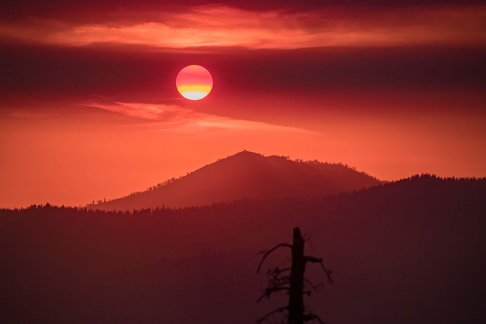 Fiery sunset over Trumbull Peak; Ferguson Fire, Sierra NF, CA, 2018. (Forest Service Photo by Kari Greer). Original public…