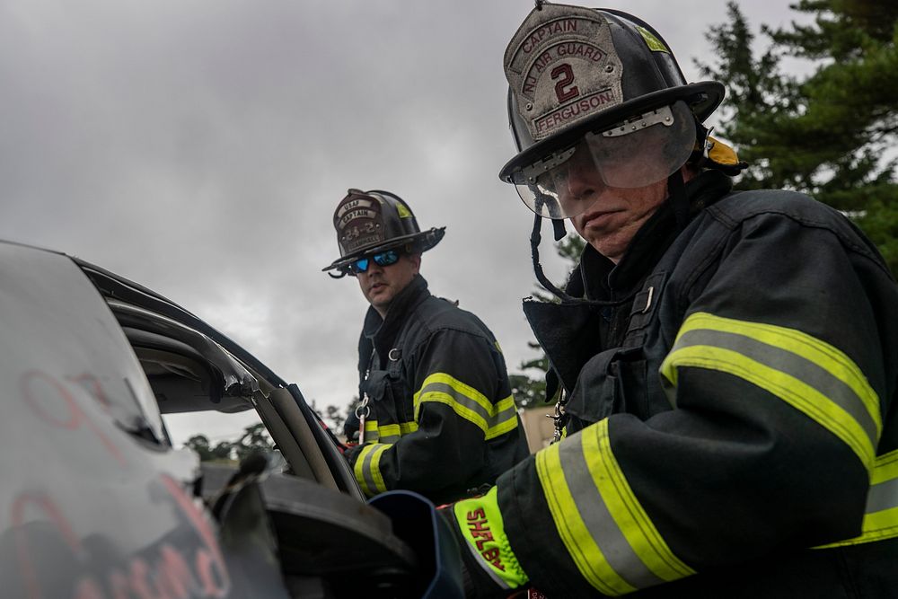 New Jersey Department of Military and Veterans Affairs Fire Captains William Ferguson, right, and Brian Bramhall train with…