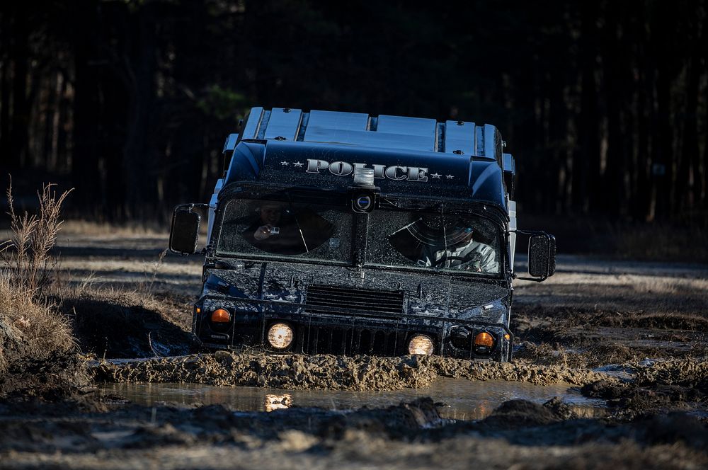 A Humvee from the Rutherford Police Department is driven on the tactical driver's course on Joint Base McGuire-Dix…