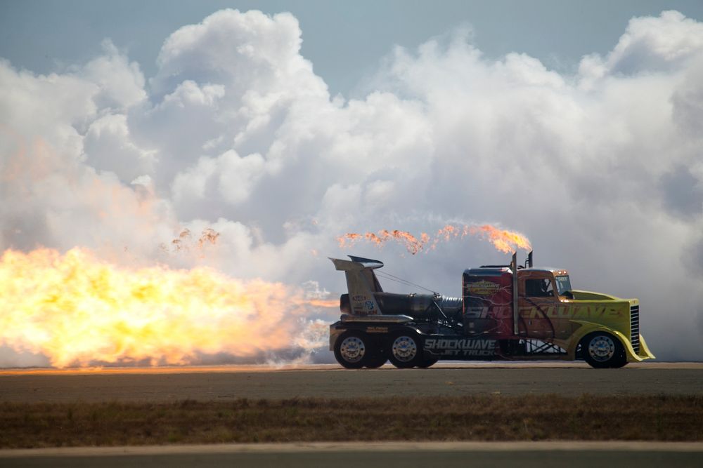 The Shockwave Jet Truck races across the flight line during the 2018 Marine Corps Air Station Miramar Air Show at MCAS…