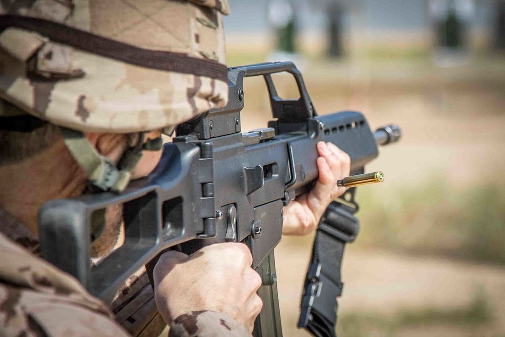 A Spanish Soldier fires an HK-G36 assault rifle at the Besmaya Range Complex, Iraq, April 9, 2019.