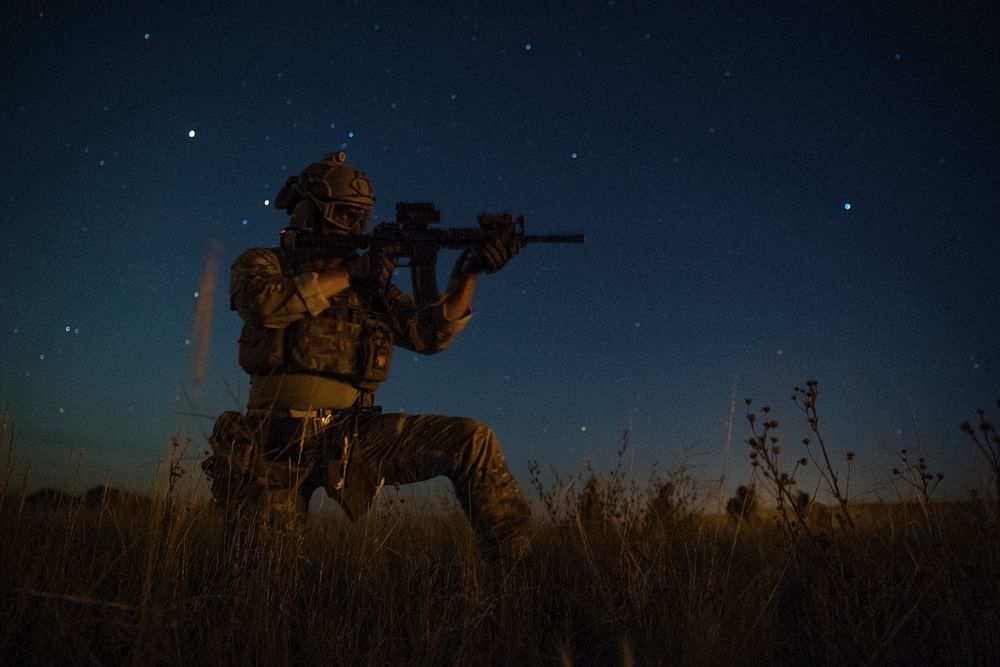 A U.S. Air Force Tactical Air Control Party (TACP) Airman from the 13th Air Support Operations Squadron, performs security…