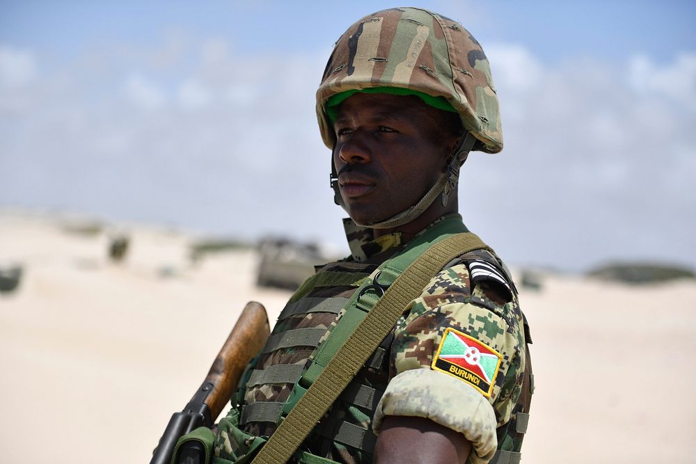 A Burundian soldier serving under the African Union Mission in Somalia (AMISOM) keeps guard inside Warsheikh Forward…