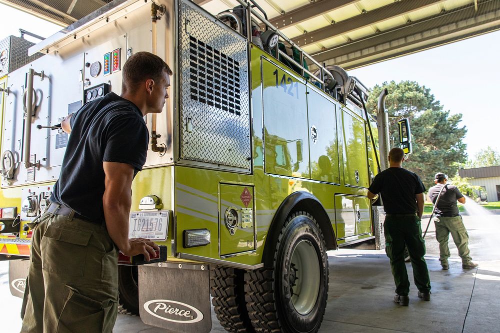 Scenes from the Boise District Office. Firefighters perform routine checks on a wildland fire engine. (DOI/Neal Herbert).…