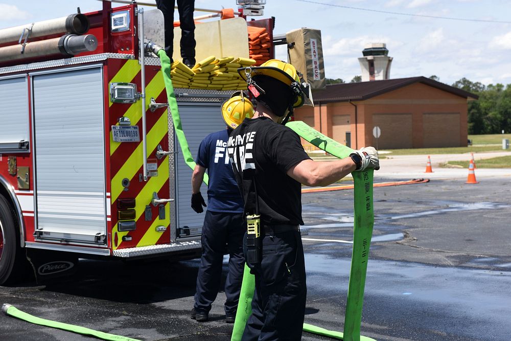 McEntire firefighters pressure test fire hoses.