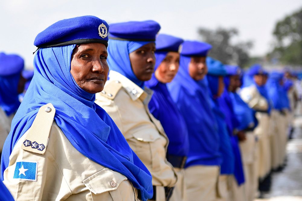 Somali female police officers march during a parade at a ceremony marking the 74th anniversary of the founding of the…
