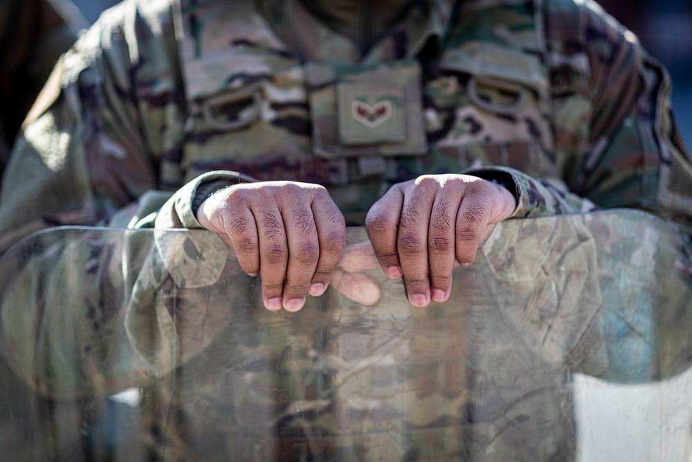 U.S. Airmen with the 177th Fighter Wing and 108th Wing, New Jersey National Guard, conduct civil disturbance training in…