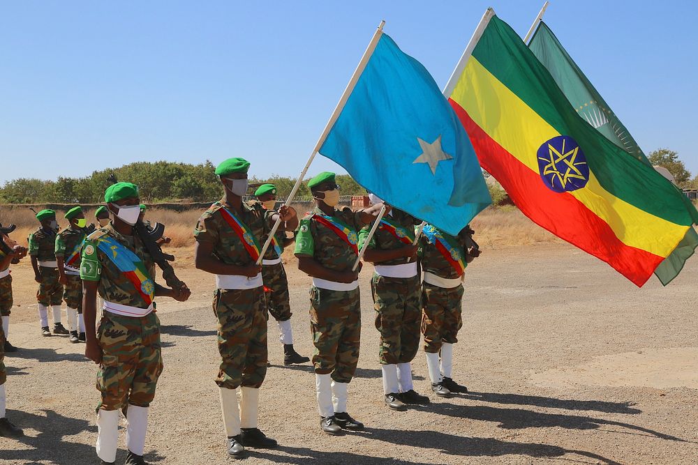 AMISOM Ethiopian National Defence Forces (ENDF) troops during a parade to welcome a high level delegation visiting Baidoa on…