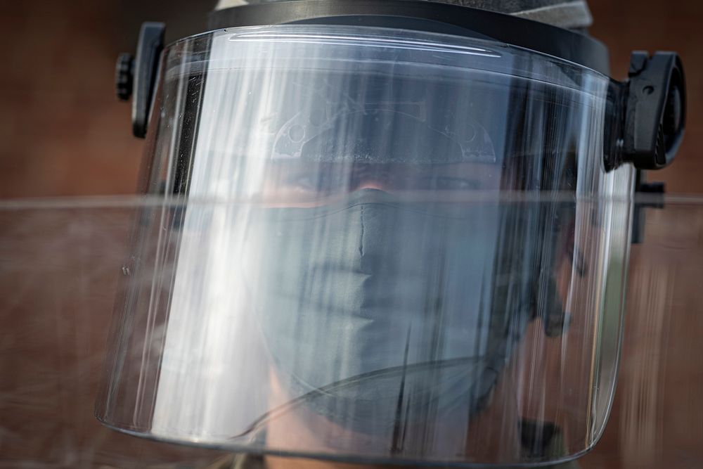 A U.S. Soldier with the 114th Infantry Regiment, New Jersey National Guard, conducts civil disturbance training in…