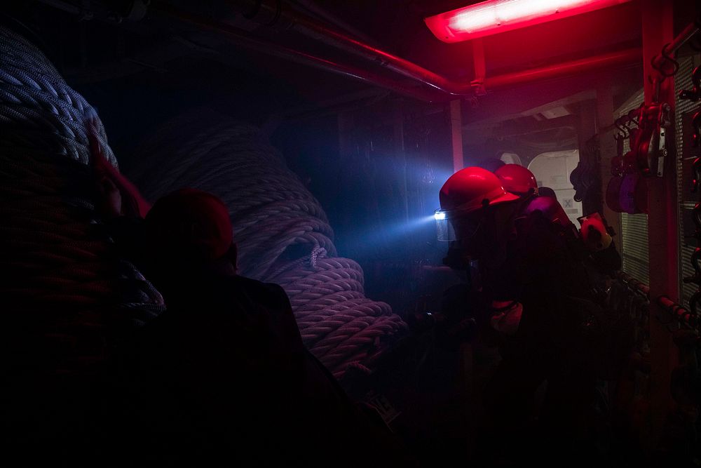 MEDITERRANEAN SEA (Feb. 11, 2021) Sailors fight a simulated fire in the forward boatswain&rsquo;s mate locker during a…